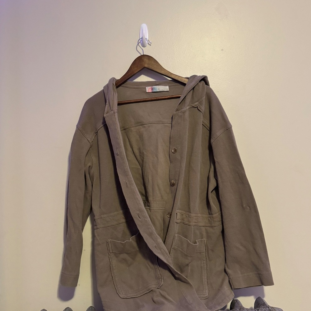 Free People Women's Beach Hooded Button Front Cargo Pockets Sand Boho Cotton M